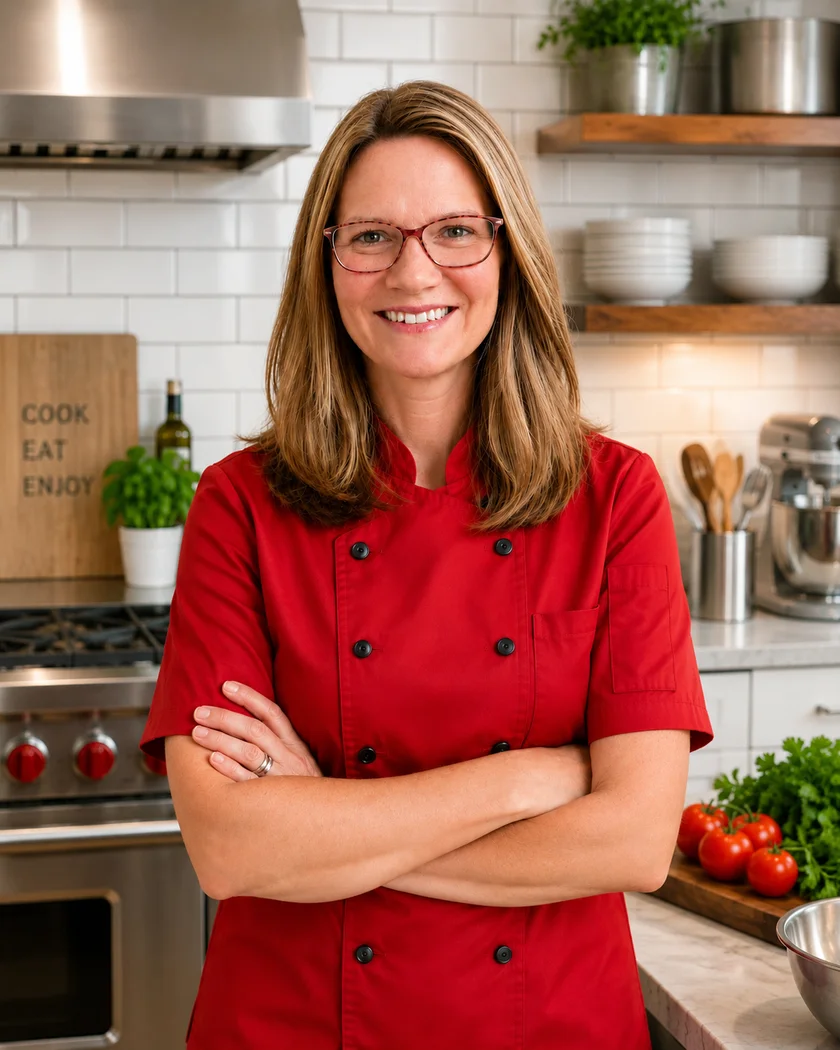 Chef Erin smiling in her kitchen, wearing a red chef coat